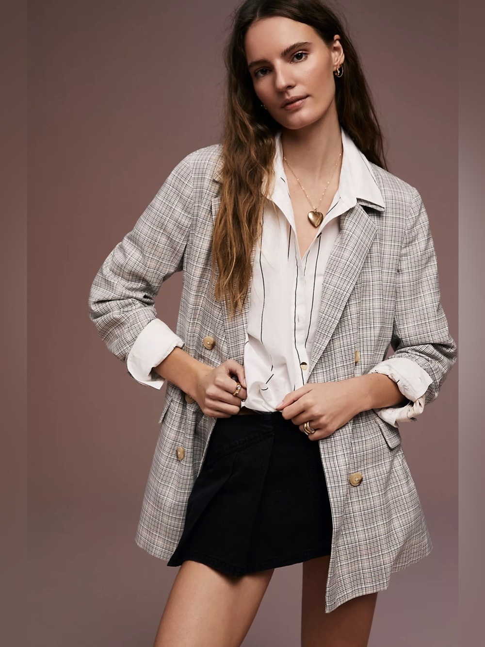 free people olivia plaid belted button up blazer